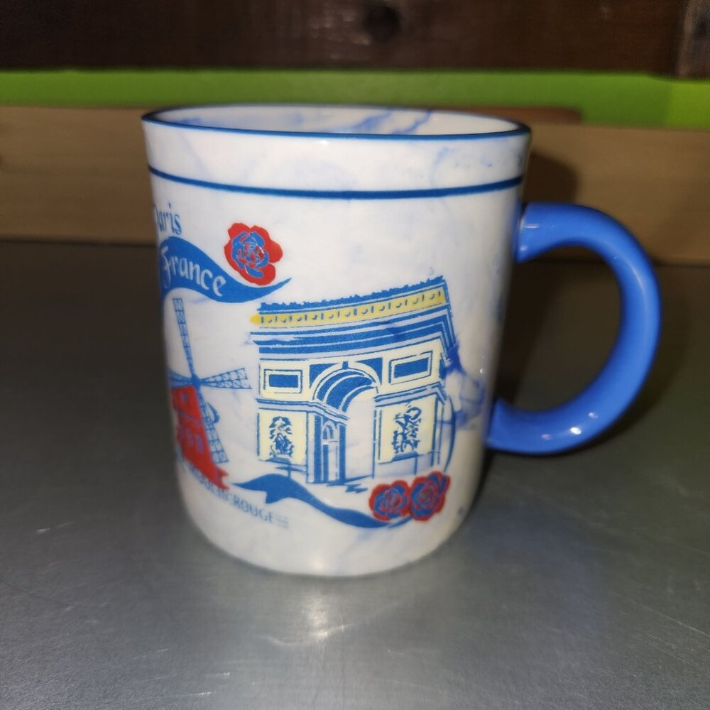 Paris France Souvenir Ceramic Coffee Mug with Blue Handle & Landmarks Design